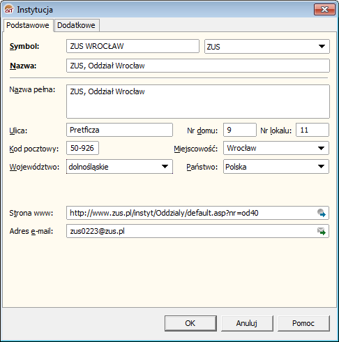 InsERT Gratyfikant GT - okno kartoteki instytucji