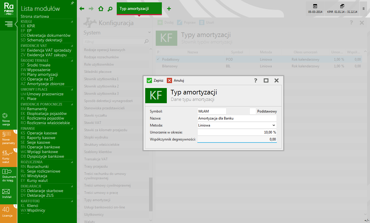 InsERT Rachmistrz NEXO PRO - własne typy amortyzacji